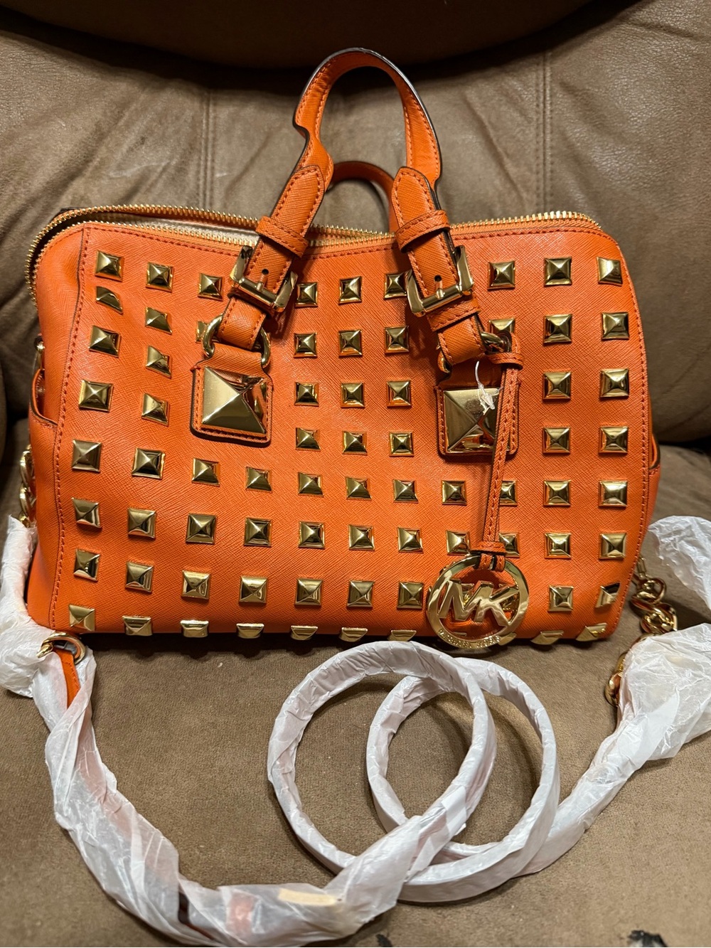 Michael Kors Orange Pyramid-Stud Leather Satchel with Gold Hardware